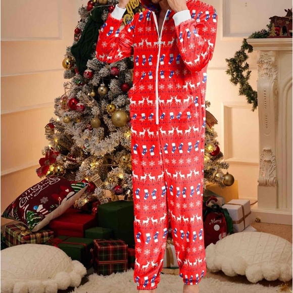 Unisex Fleece Hooded Christmas Motif Zip-Up Onesie Size Medium - Picture 3 of 5